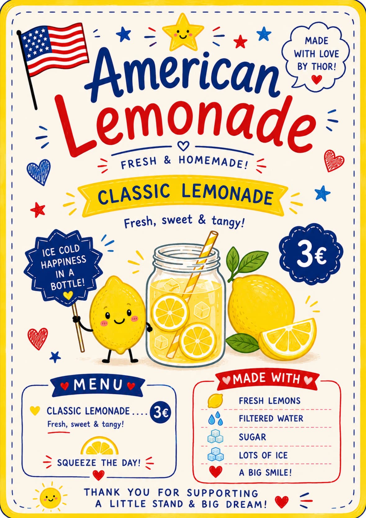 American Lemonade hand-drawn menu sign with Classic Lemonade, mason jar, and ingredient list.